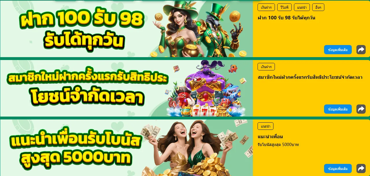 รายการโปรโมชั่นบนหน้า 98M แสดงบัตรกิจกรรมพร้อมชื่อ ป้ายหมวด และปุ่มรายละเอียด