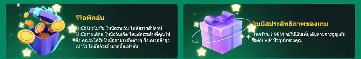 หน้าสิทธิประโยชน์ VIP Club ของ 98M แสดงบัตรรีวอร์ด โบนัสผลงานเกม และบริการ VIP